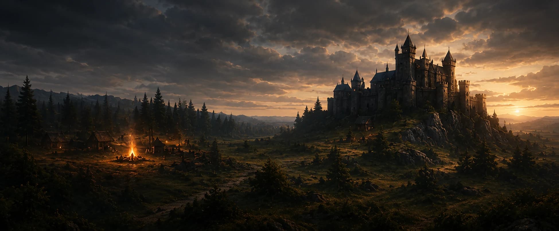 The AoE2WAR Kingdom castle rising over a forest campfire at sunset
